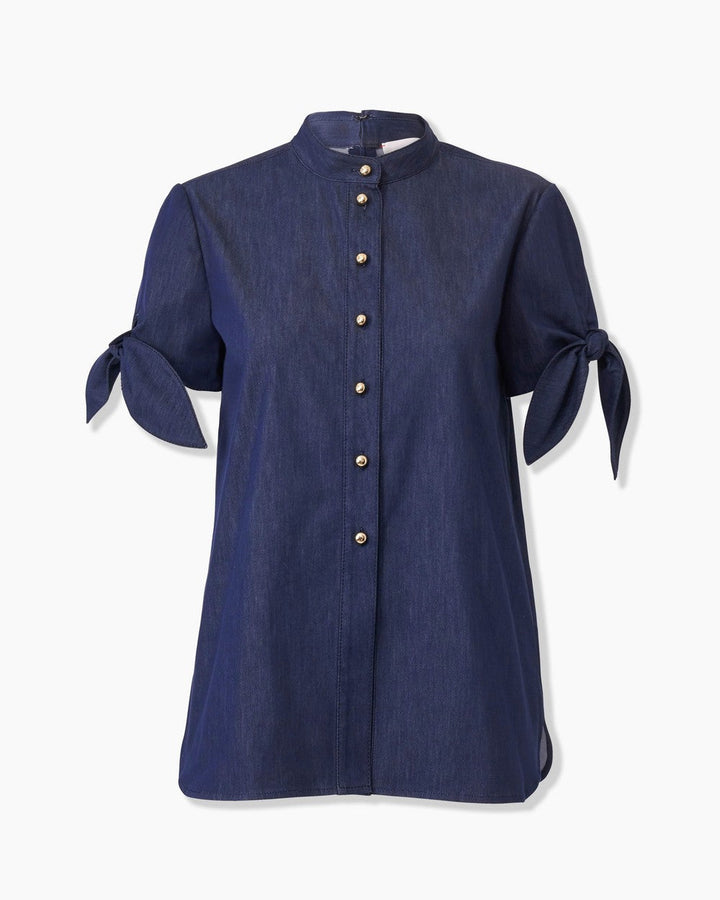 Tie Sleeve Collarless Button Down Top