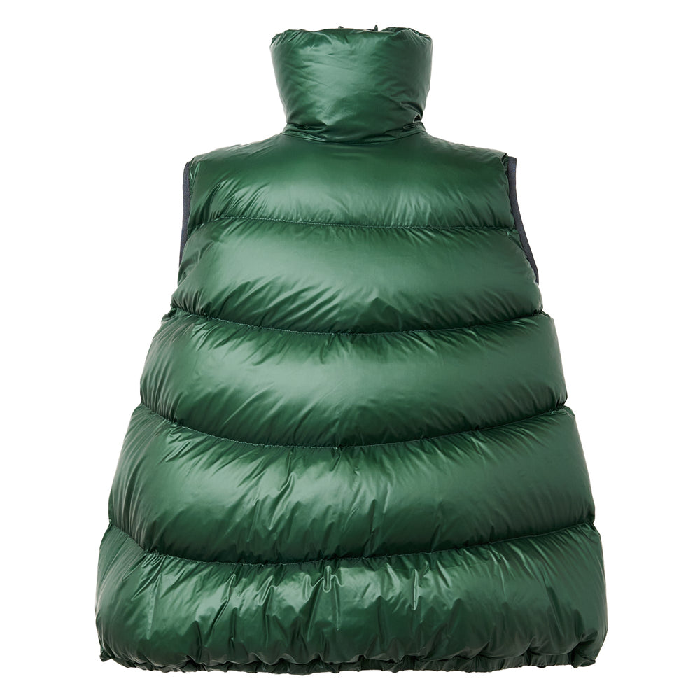 sacai metallic champagne quilted puffer gilet vest with high collar and central dark zip fastening, front view on white background