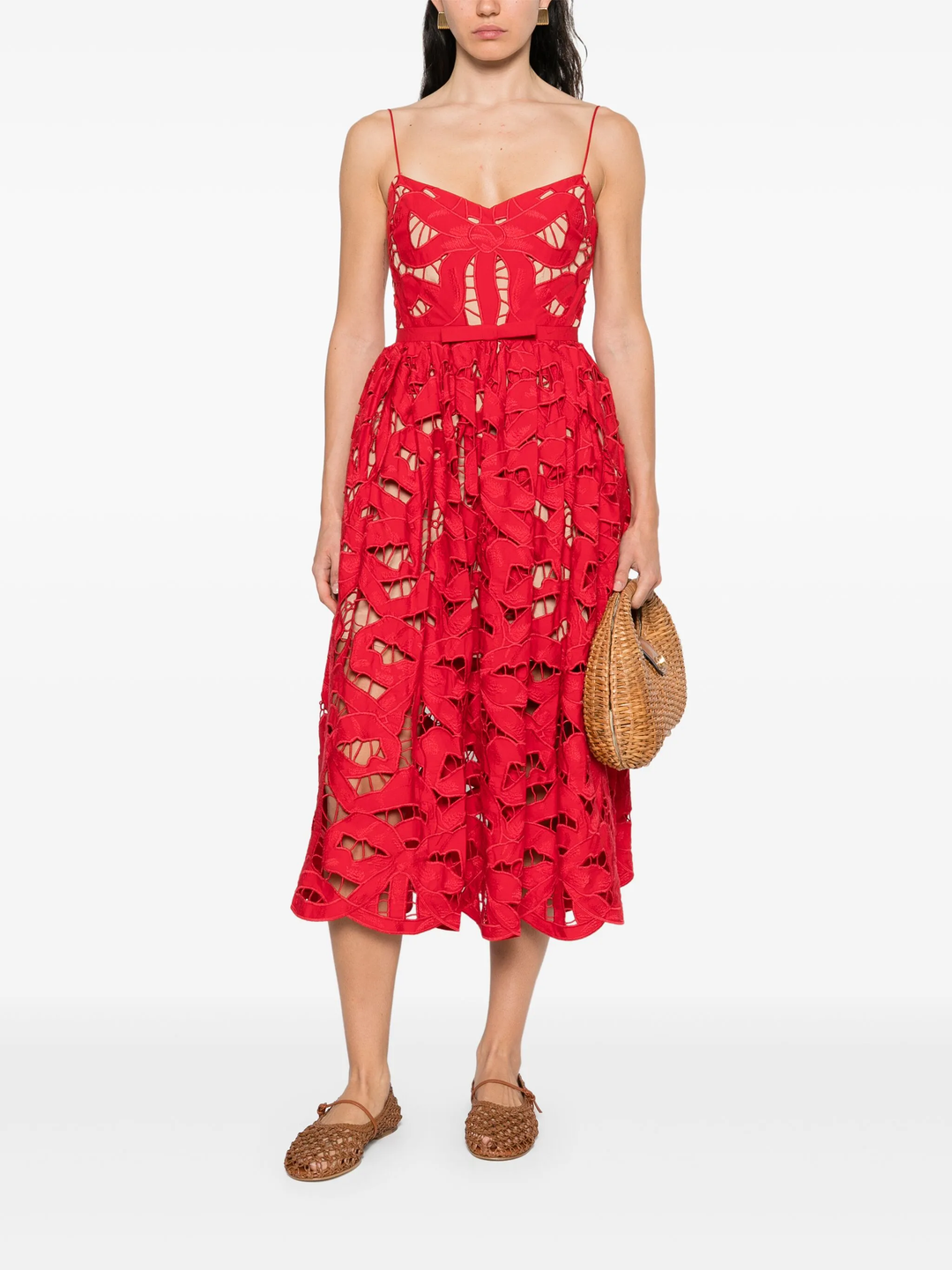 Red Bow Embroidered Midi Dress