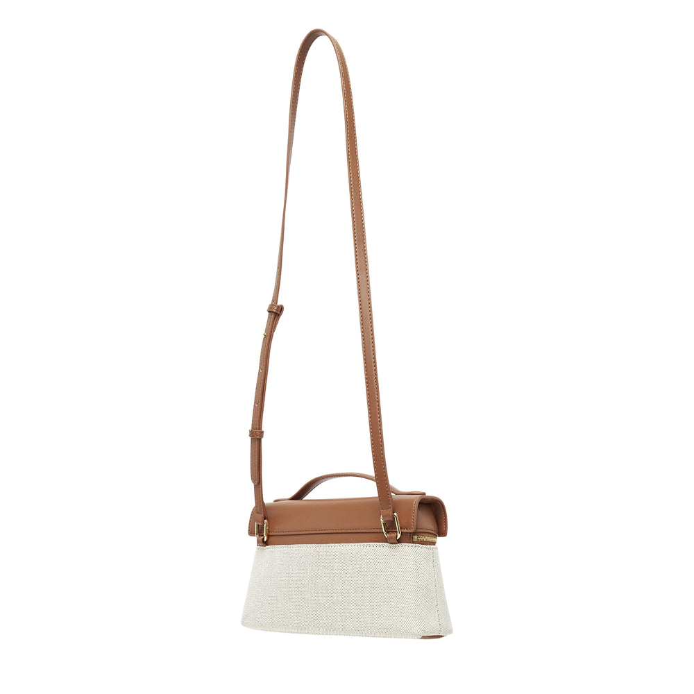 JW PEI Thea Top Handle Bag in cream woven canvas and tan leather with gold-tone zip closure and branded hardware, front view