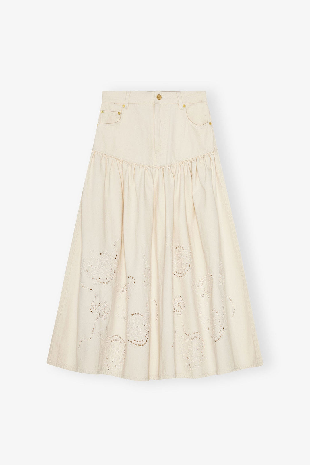 Broderie Anglaise Denim Long Skirt