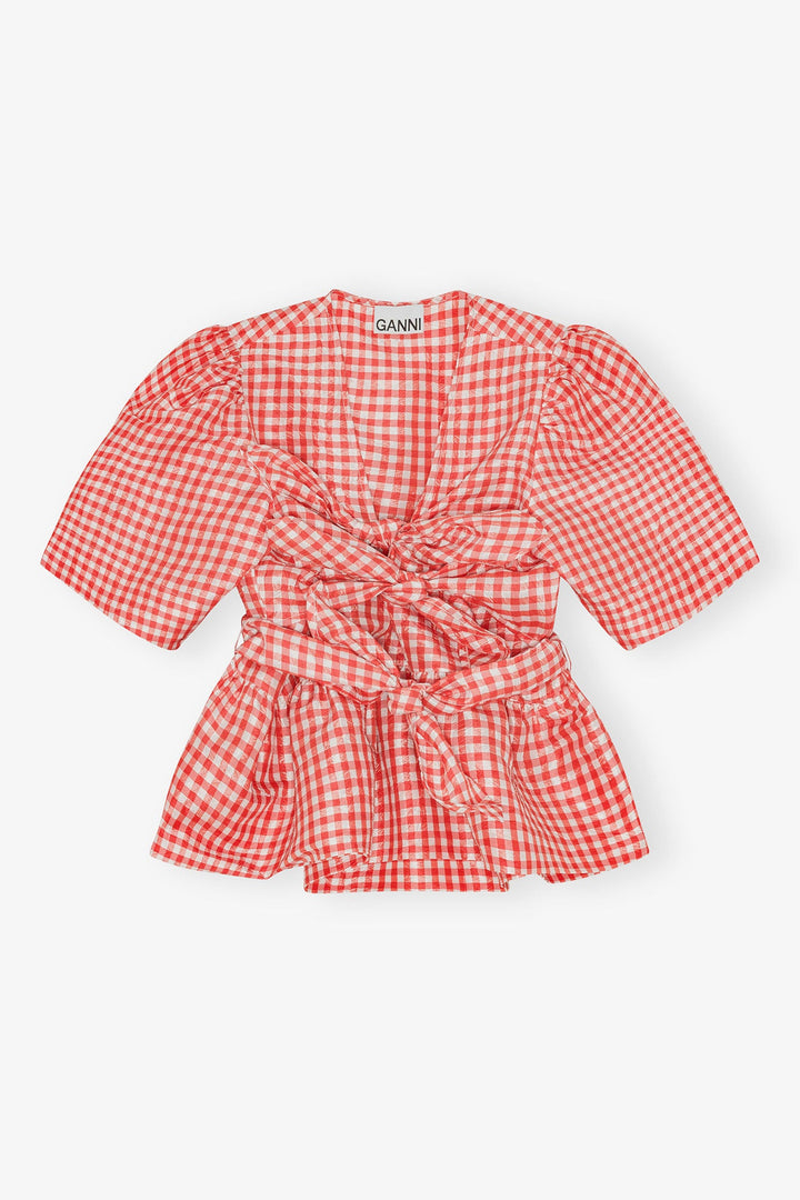 Crinkled Taffeta Check Tie Strap Top
