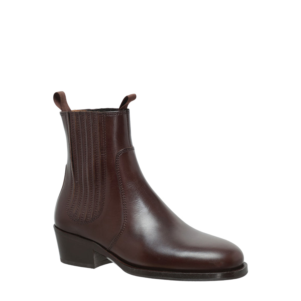 Lemaire dark brown burnished leather Chelsea ankle boot with elasticated side gusset, tonal topstitching, dual pull tabs, and a stacked block heel, shown in profile against a white background