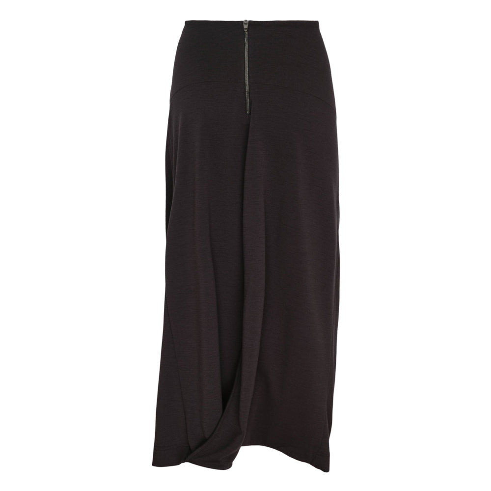 Lemaire Twisted Hem Maxi Skirt in black, featuring panelled construction and a sculptural twisted hem, shown from the front on a white background