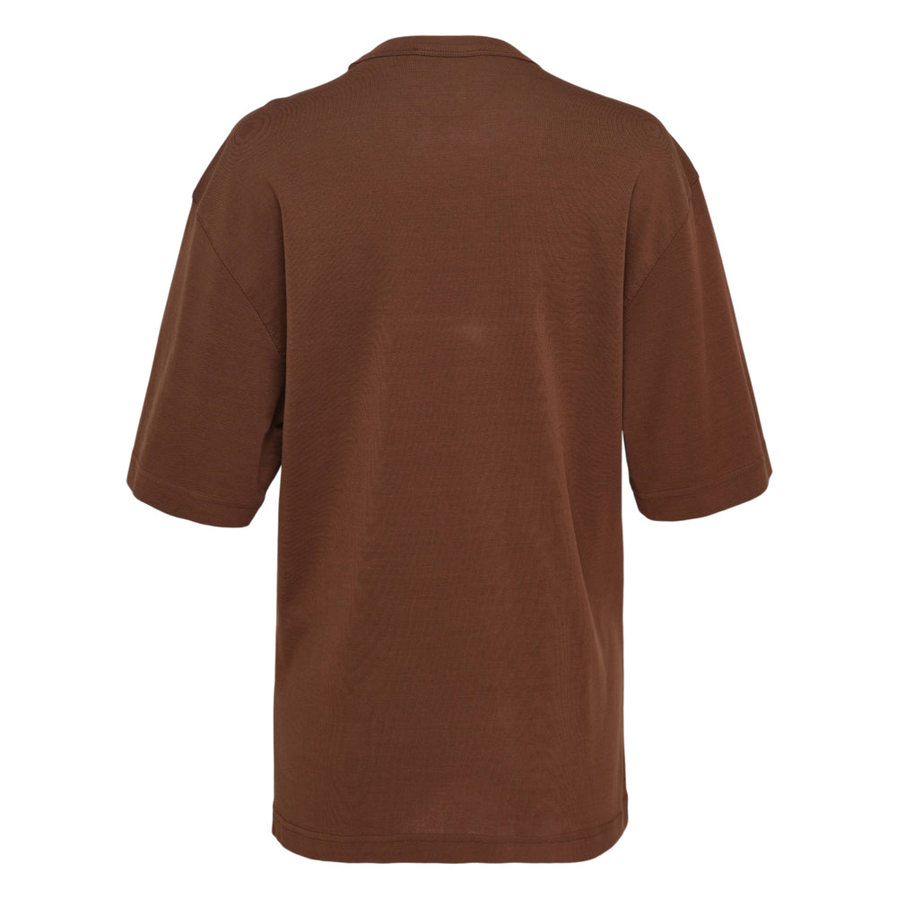 Lemaire Rib Short Sleeve Tee in brown — relaxed oversized silhouette with crewneck, dropped shoulders, and elongated hem
