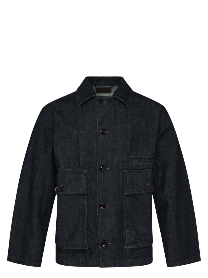 Lemaire boxy jacket in heavy indigo denim with a pointed collar, button front and two large flap pockets