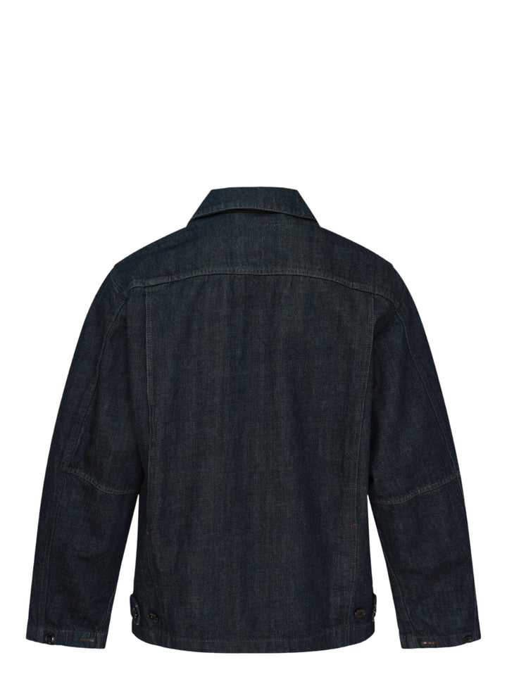 Lemaire boxy jacket in heavy indigo denim with a pointed collar, button front and two large flap pockets - view 2