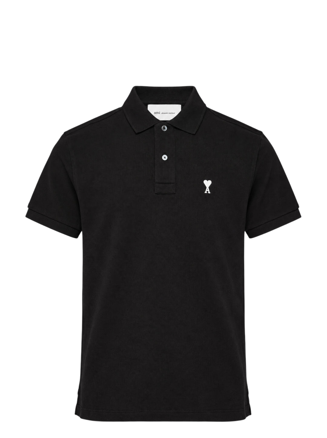 Ami Alexandre Mattiussi black piqué polo shirt with white Ami de Cœur logo embroidery on the chest and a two-button placket, front view
