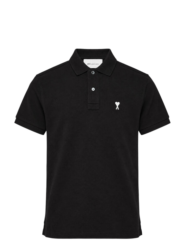 Ami Alexandre Mattiussi black piqué polo shirt with white Ami de Cœur logo embroidery on the chest and a two-button placket, front view