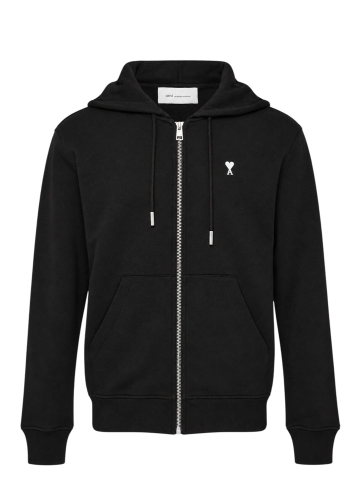 Ami Alexandre Mattiussi black zip-up hoodie with embroidered Ami de Cœur logo, silver zip hardware, adjustable drawstring hood, and kangaroo pocket