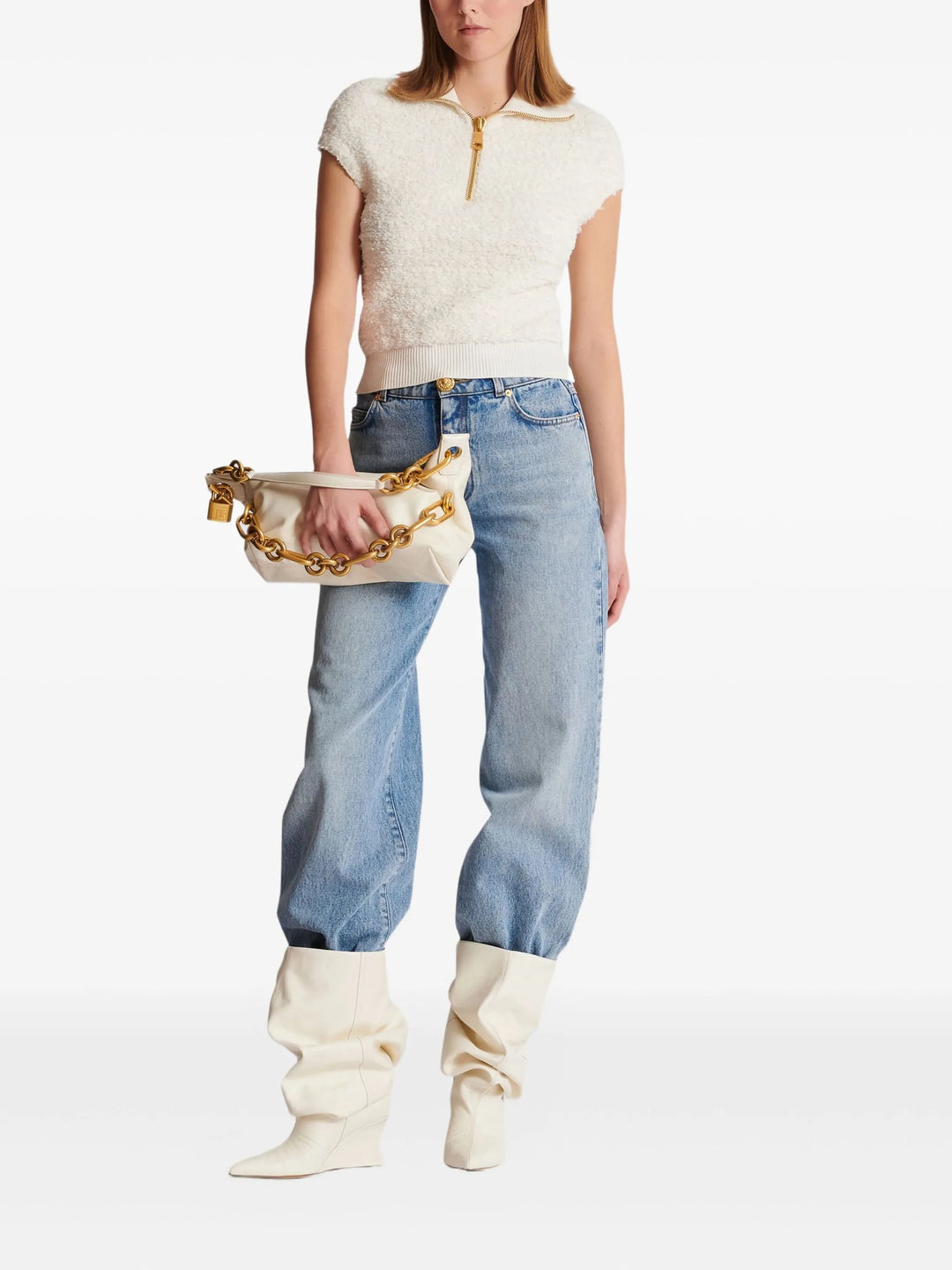 Zipped Short Sleeve Knit Tweed Top