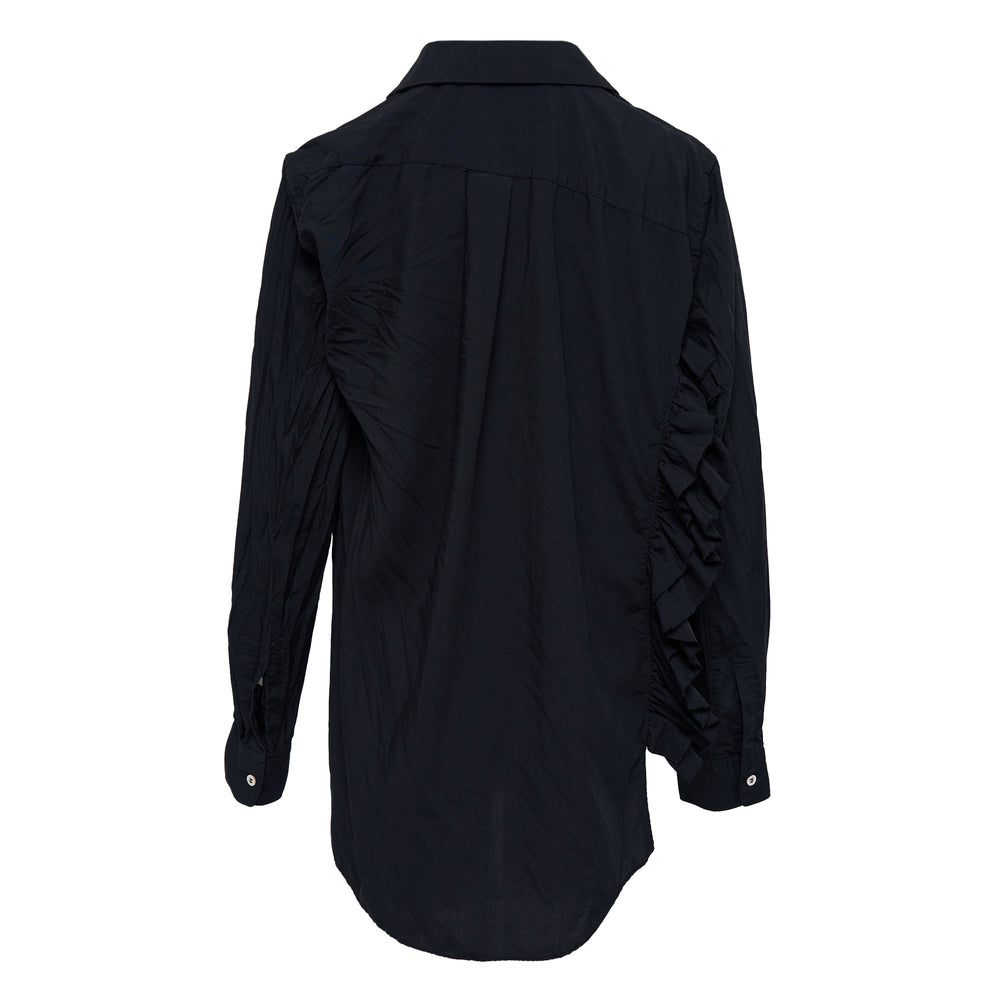Comme des Garçons Black navy asymmetric ruffle shirt with peter pan collar, front button placket, and diagonal ruffle panel detail