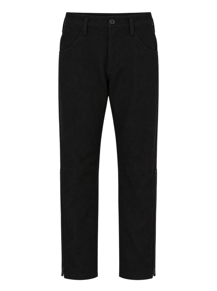 Yohji Yamamoto black Side Gusset Zip Pants with panelled knees, front slanted pockets and zip detailing at the lower leg seams