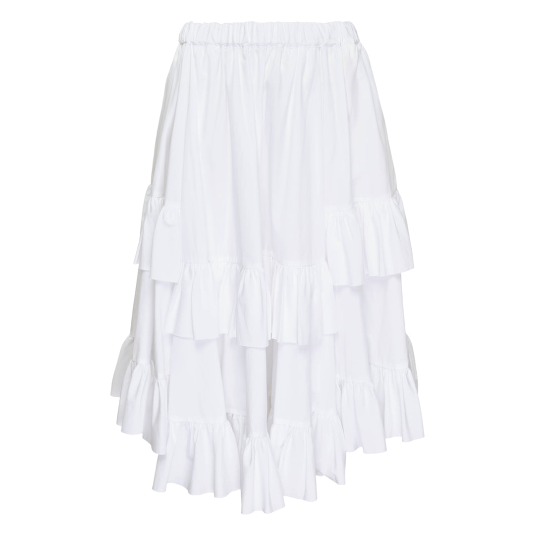 Comme des Garçons Girl Teiban Ruffled Midi Skirt in white with tiered construction and double-ruffle hem, shown flat on white background