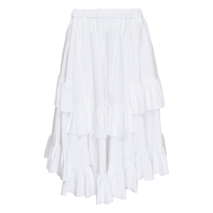 Comme des Garçons Girl Teiban Ruffled Midi Skirt in white with tiered construction and double-ruffle hem, shown flat on white background