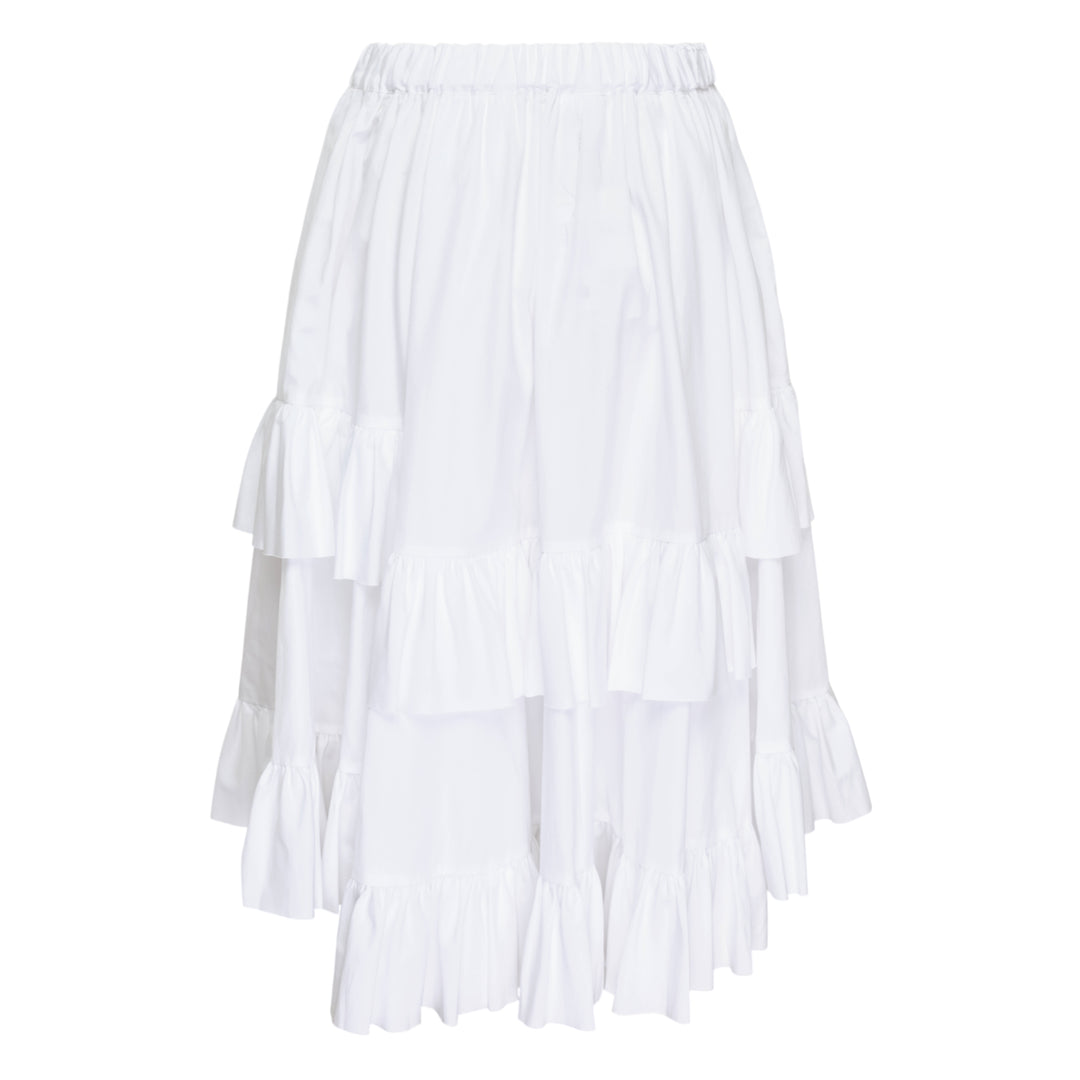 Comme des Garçons Girl Teiban Ruffled Midi Skirt in white with tiered construction and double-ruffle hem, shown flat on white background