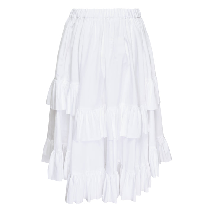 Comme des Garçons Girl Teiban Ruffled Midi Skirt in white with tiered construction and double-ruffle hem, shown flat on white background