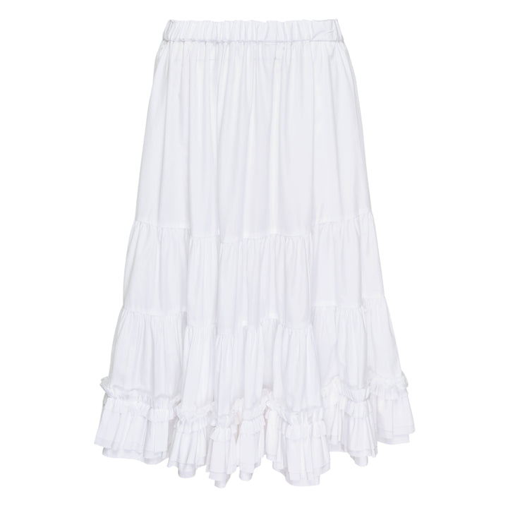 Comme des Garçons Girl white tiered frilled hem midi skirt with elasticated waistband and cascading layered ruffles