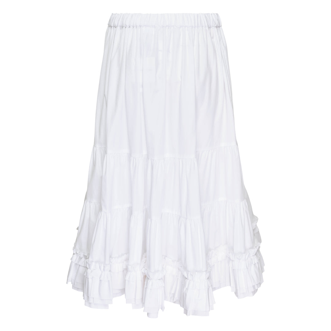 Comme des Garçons Girl white tiered frilled hem midi skirt with elasticated waistband and cascading layered ruffles