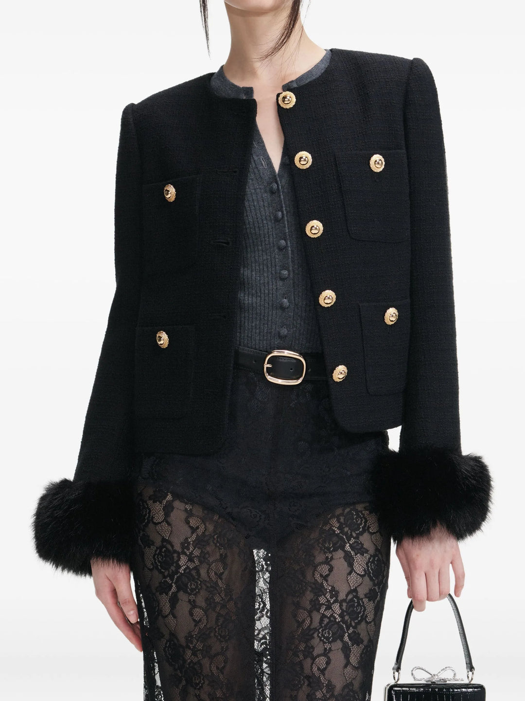Black Boucle Fur Cuff Jacket