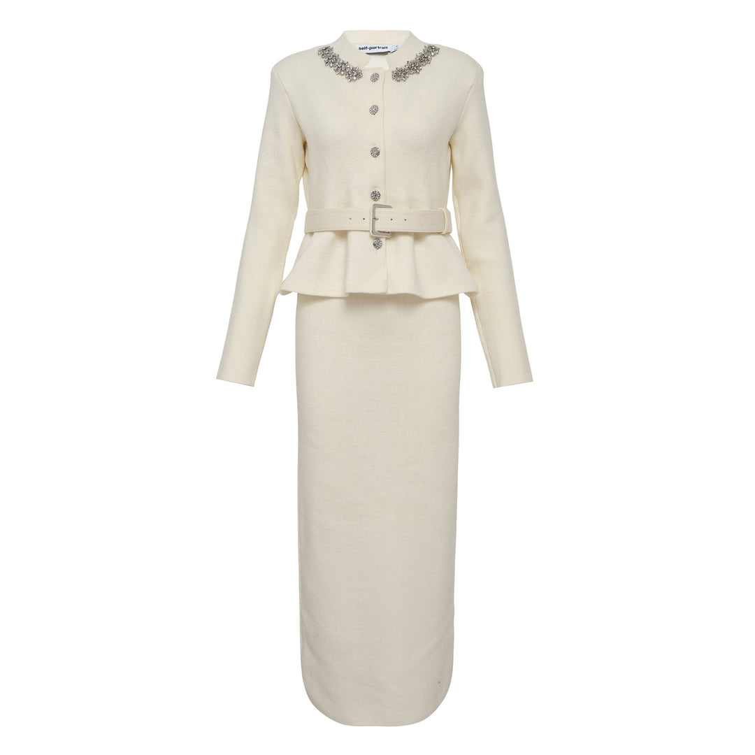 Cream Wool Peplum Knit Midi Dress