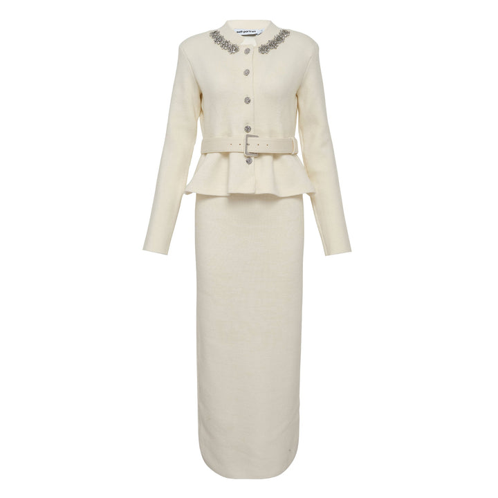 Cream Wool Peplum Knit Midi Dress