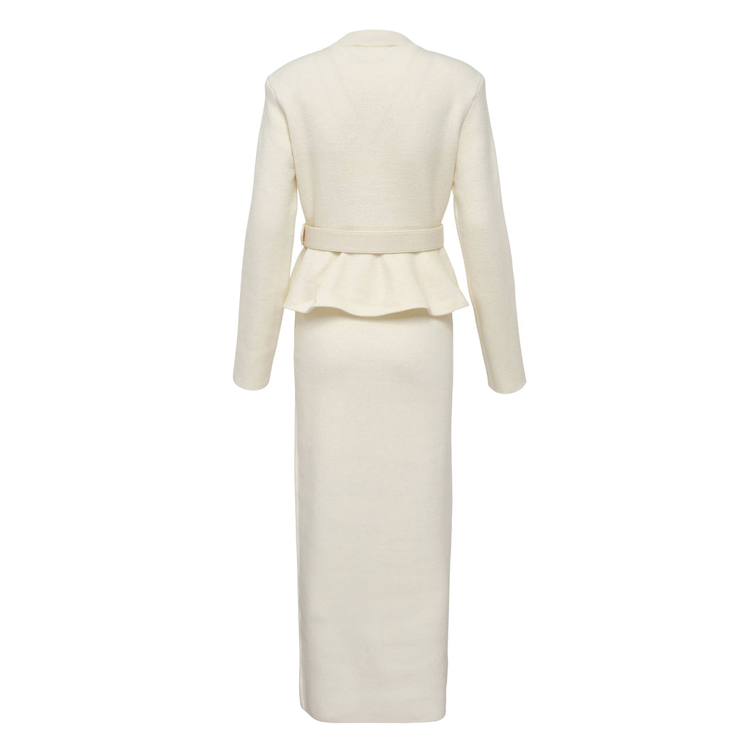 Cream Wool Peplum Knit Midi Dress