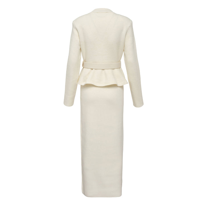 Cream Wool Peplum Knit Midi Dress