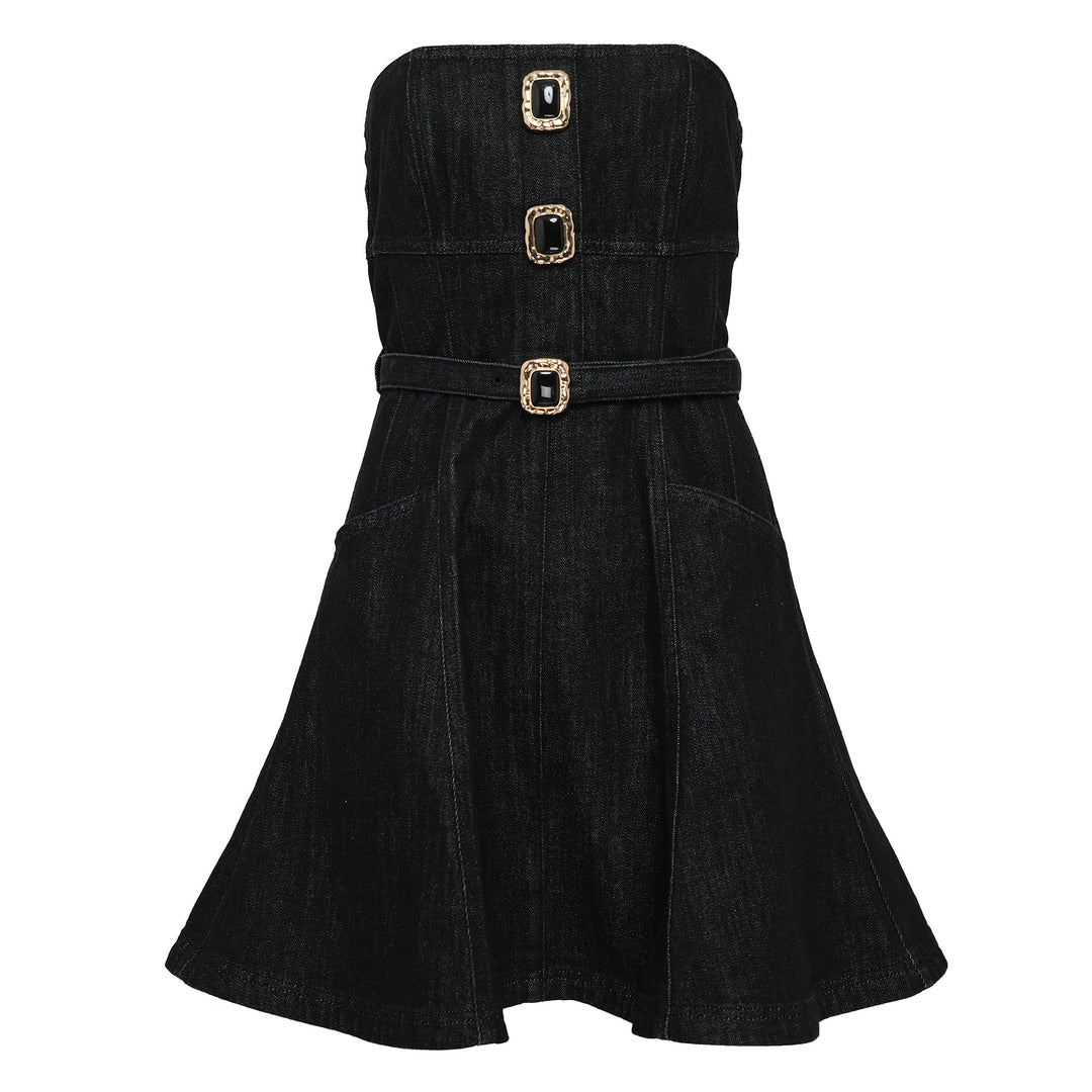 Black Denim Bandeau Mini Dress
