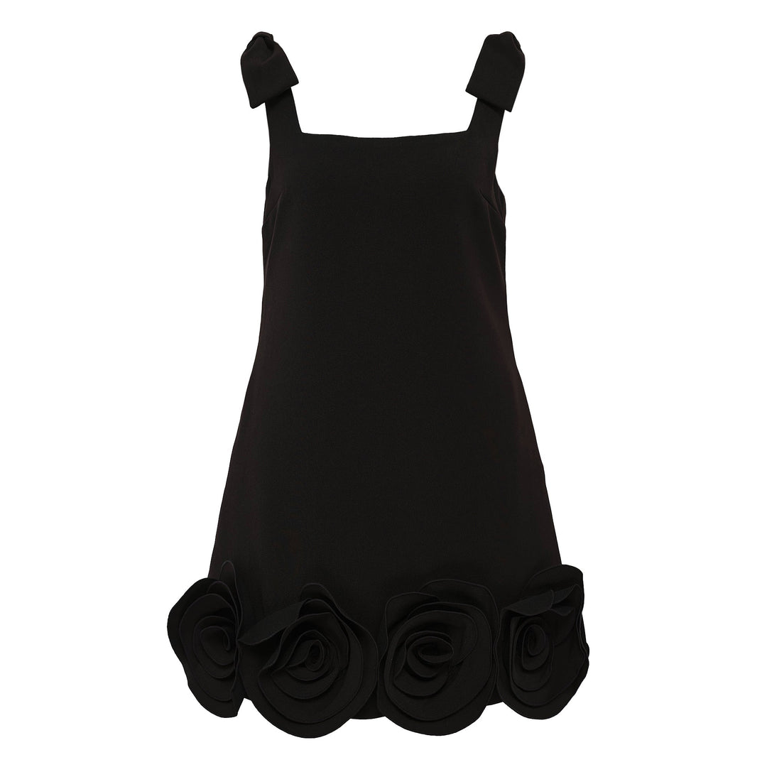 Black Crepe 3D Flower Mini Dress