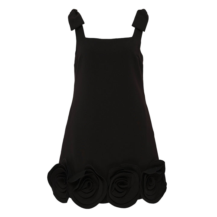 Black Crepe 3D Flower Mini Dress
