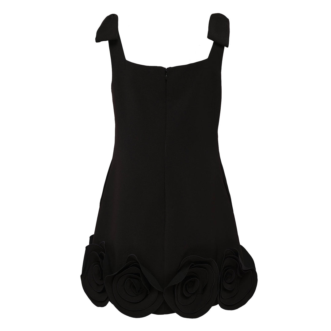 Black Crepe 3D Flower Mini Dress