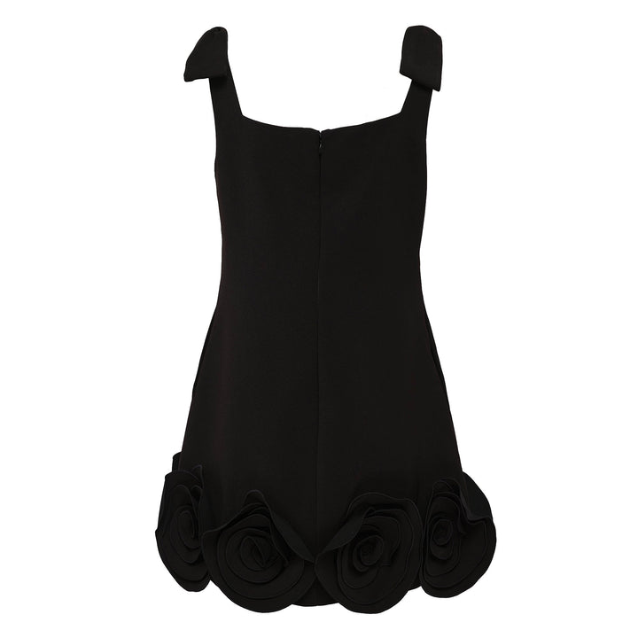 Black Crepe 3D Flower Mini Dress