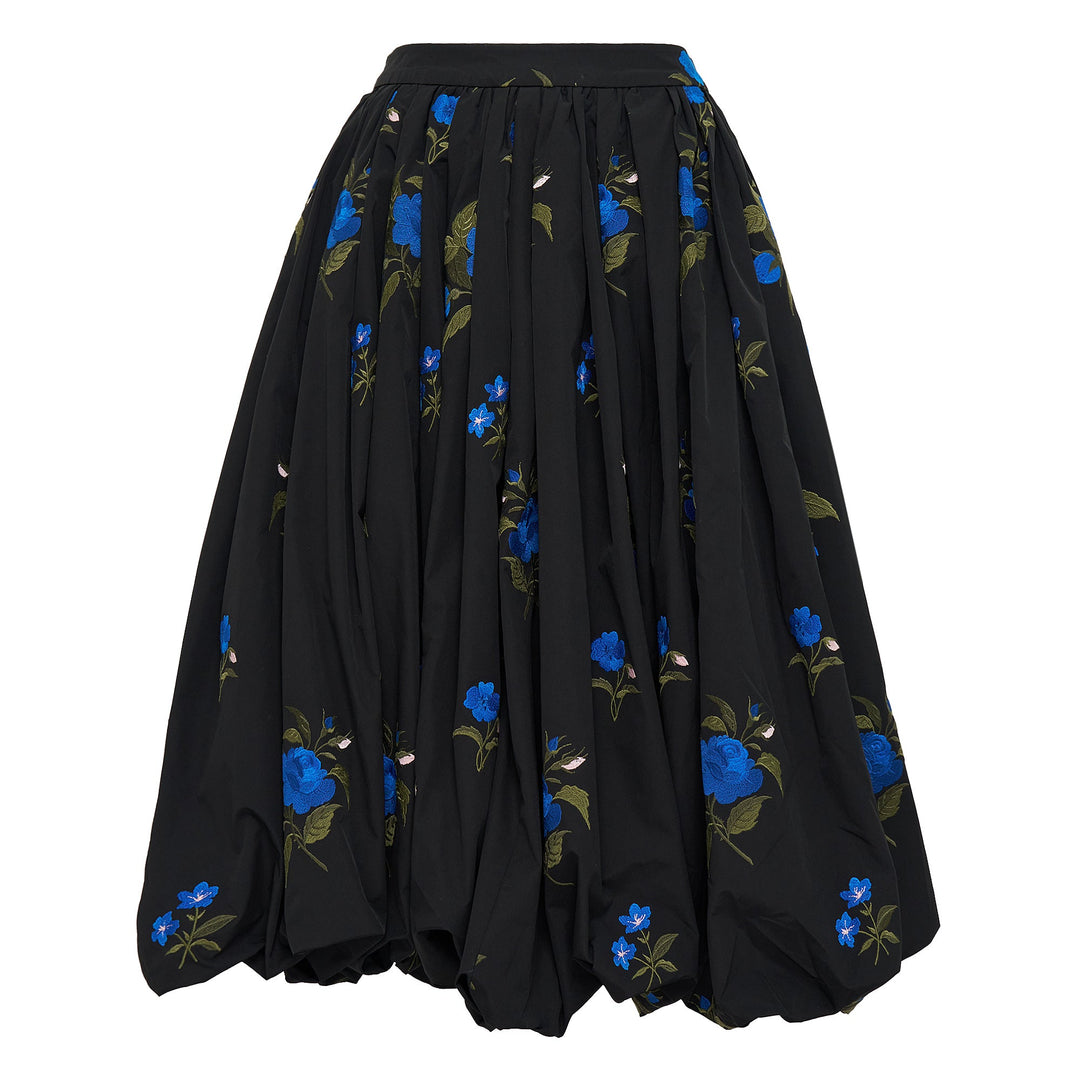Black Pleated Roses Embroidery Skirt