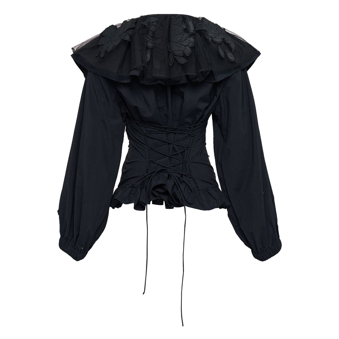 Black Ruffle Floral Embroidery Top