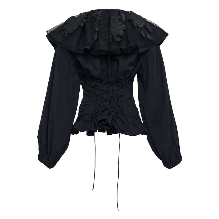 Black Ruffle Floral Embroidery Top