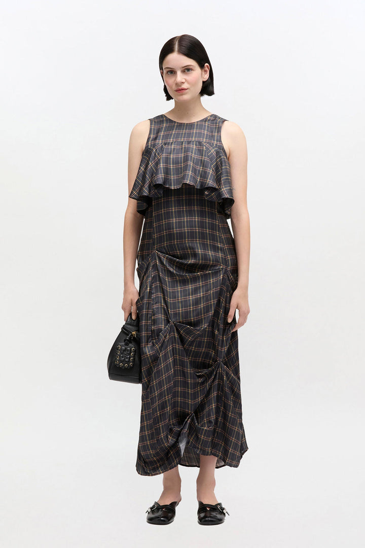 Silk Twill Long Ruffle Dress
