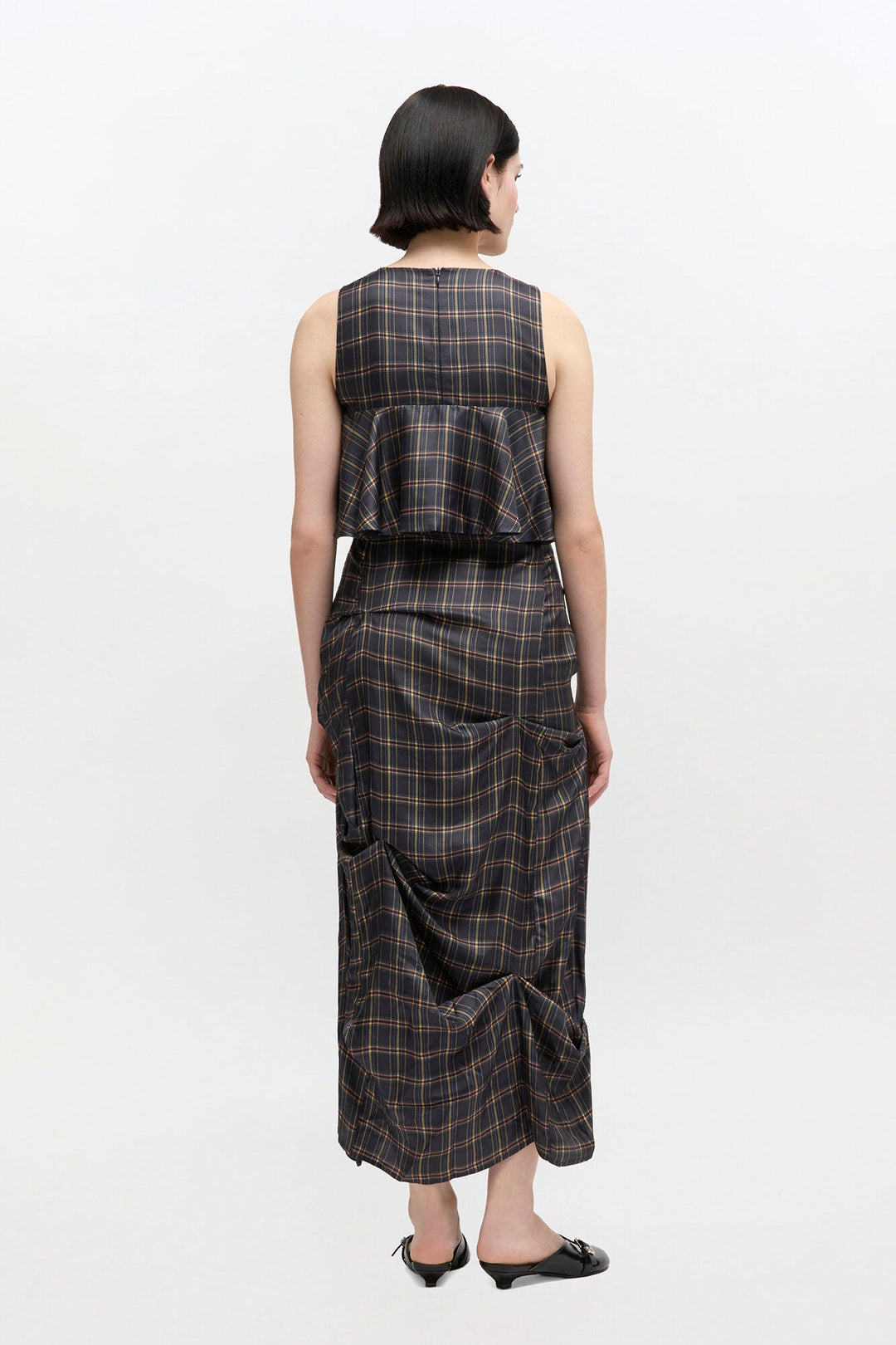 Silk Twill Long Ruffle Dress