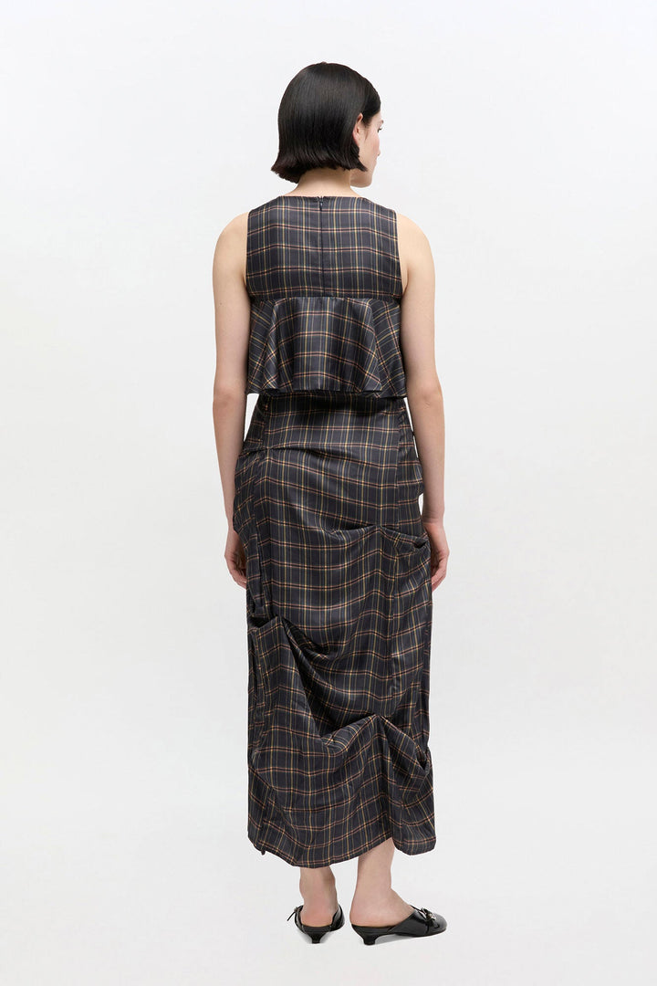 Silk Twill Long Ruffle Dress
