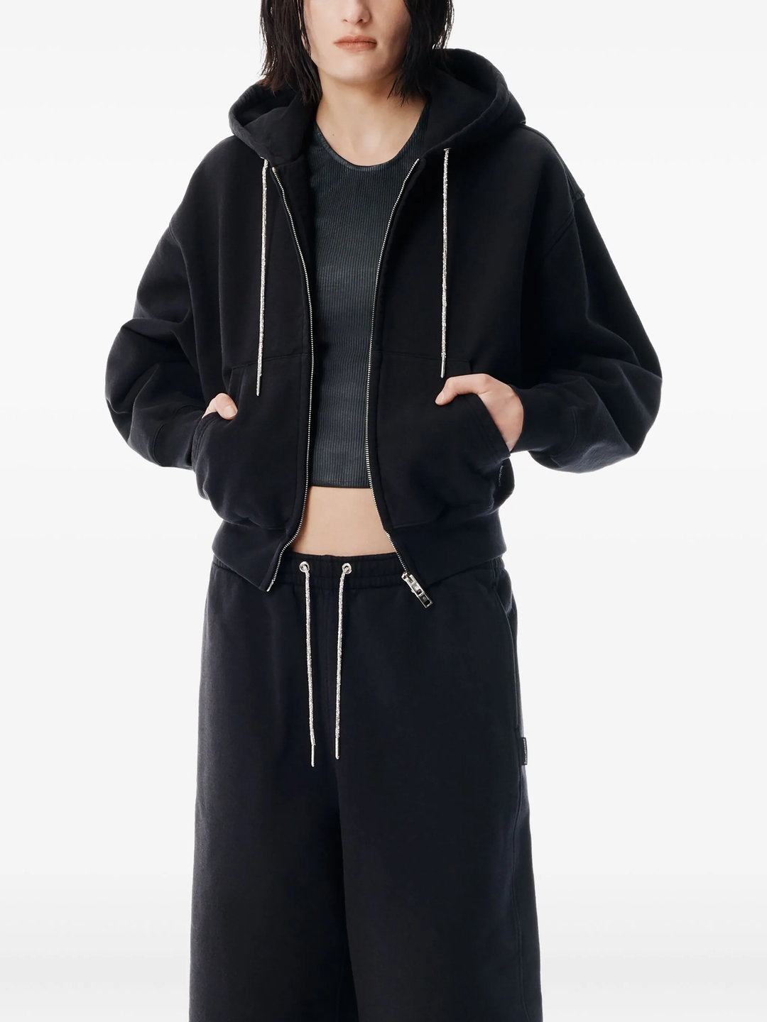 Zip- Up Hoodie With Rhinestone