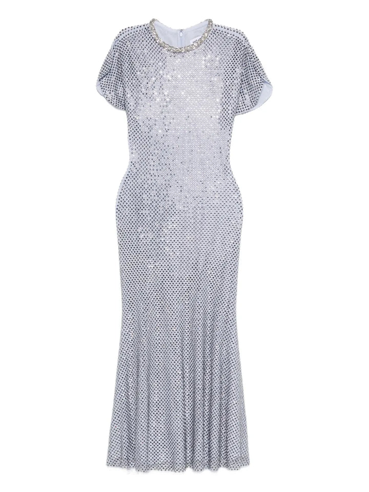Blue Rhinestone Mesh Midi Dress