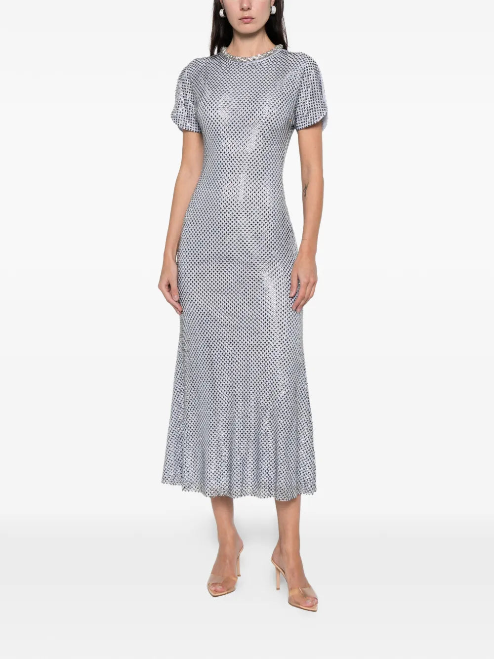 Blue Rhinestone Mesh Midi Dress