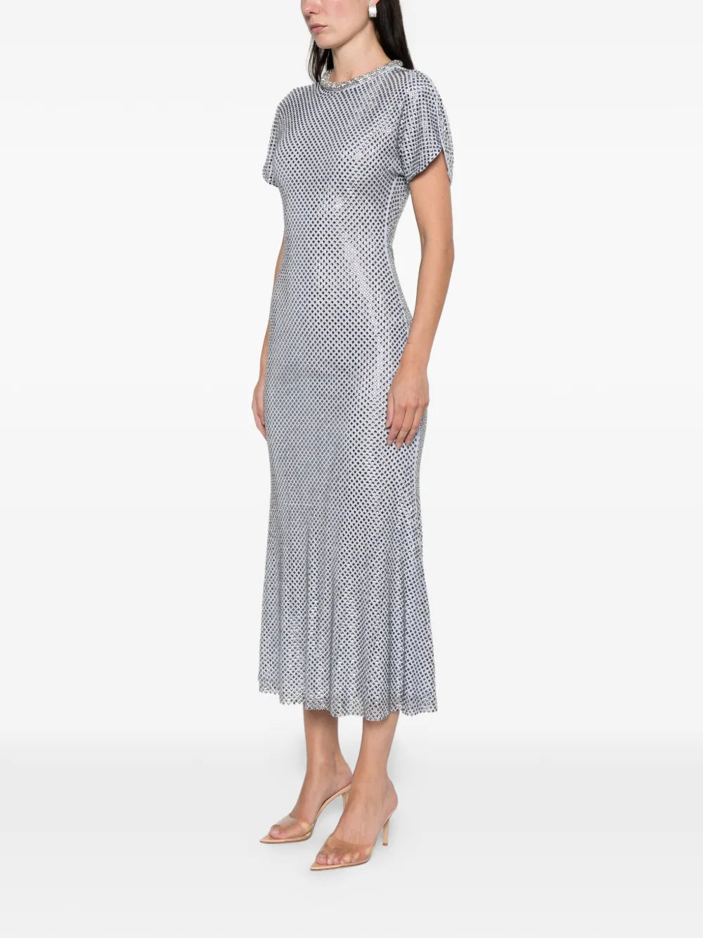 Blue Rhinestone Mesh Midi Dress