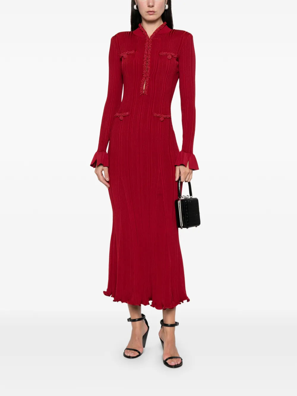 Red Pearl Trim Knit Midi Dress