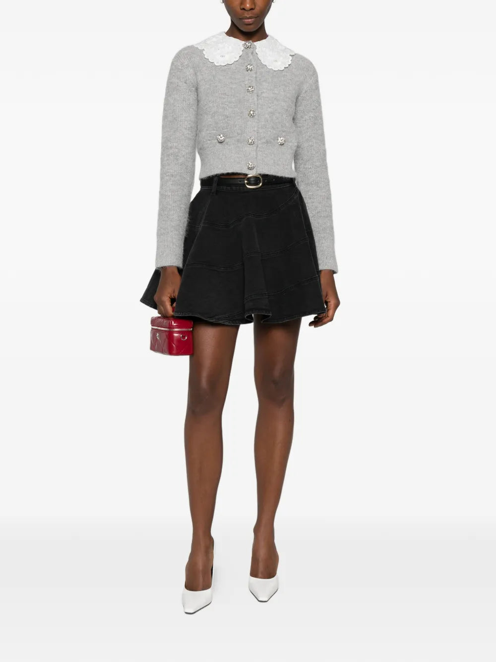 Black Flared Denim Mini Skirt