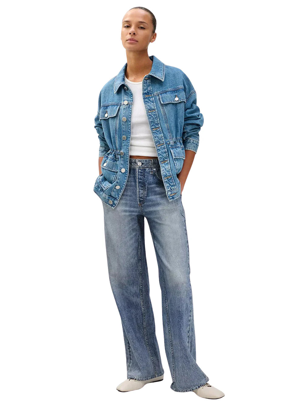 rag & bone Miramar Wide Leg Jeans in medium blue wash with vintage fading and wide-leg silhouette, front view on white background