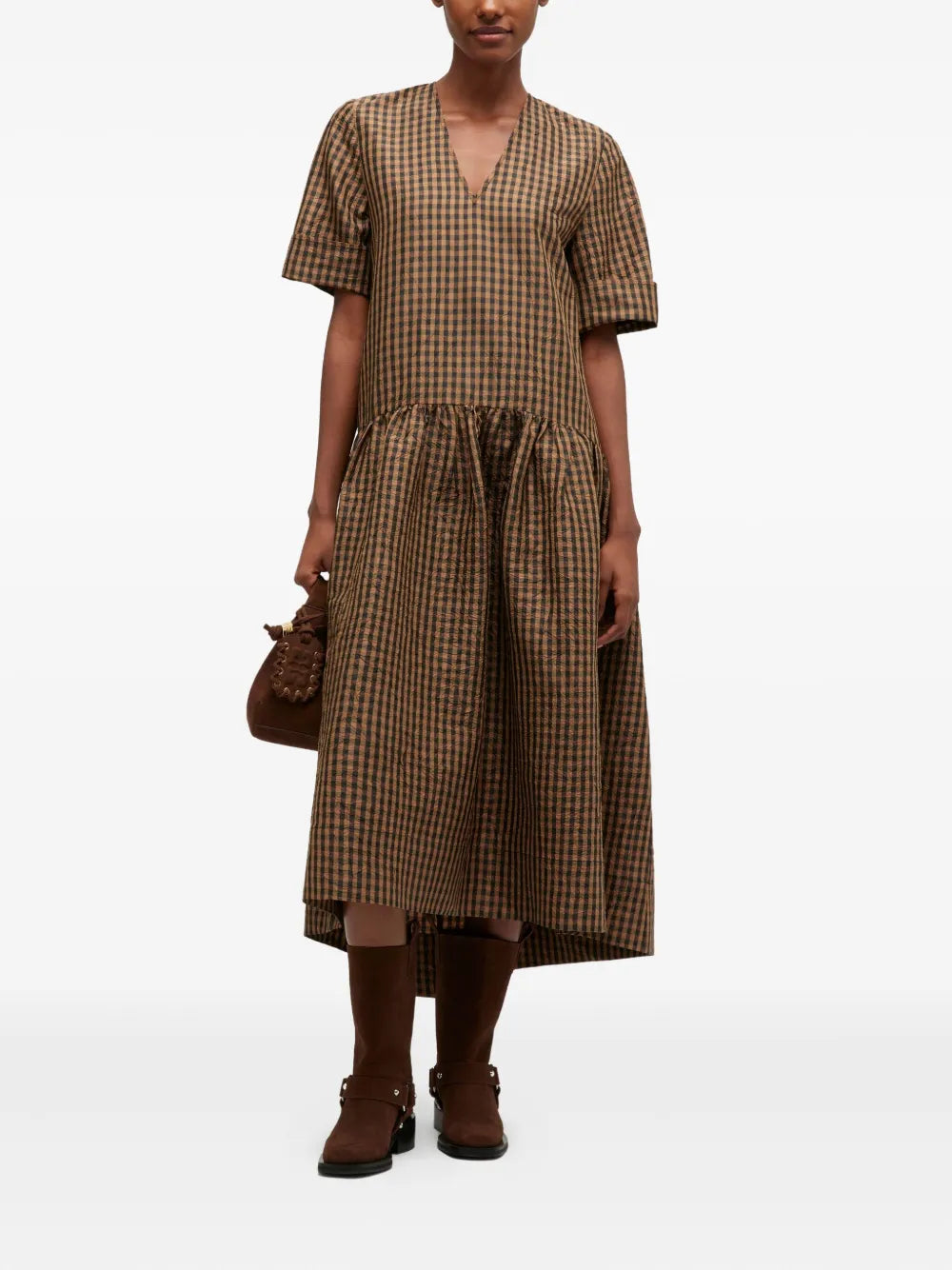 Crinkled Taffeta Check Long Dress