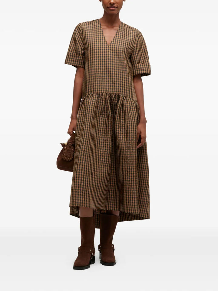 Crinkled Taffeta Check Long Dress