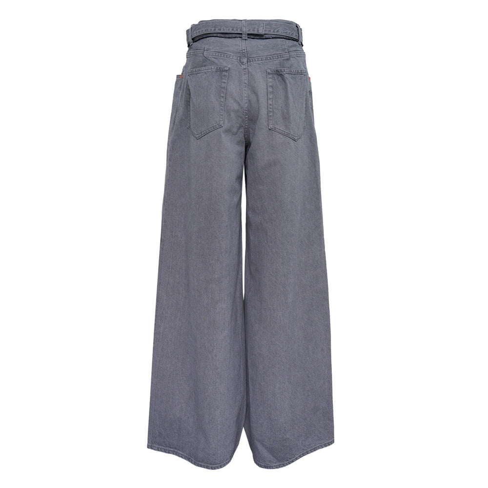 sacai Wide Leg Denim Pants in dark indigo wash with oversized patch pockets and integrated belt, high-rise silhouette