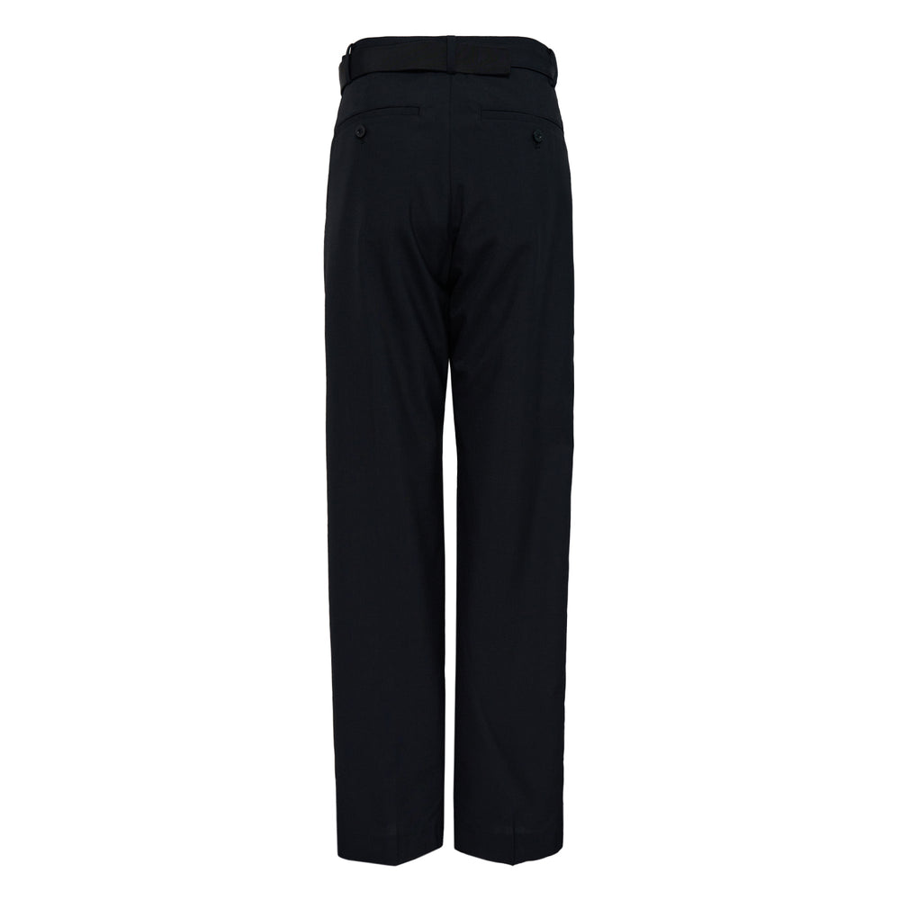sacai black belted suiting trousers with wide-leg silhouette and button cuff detail, front view on white background